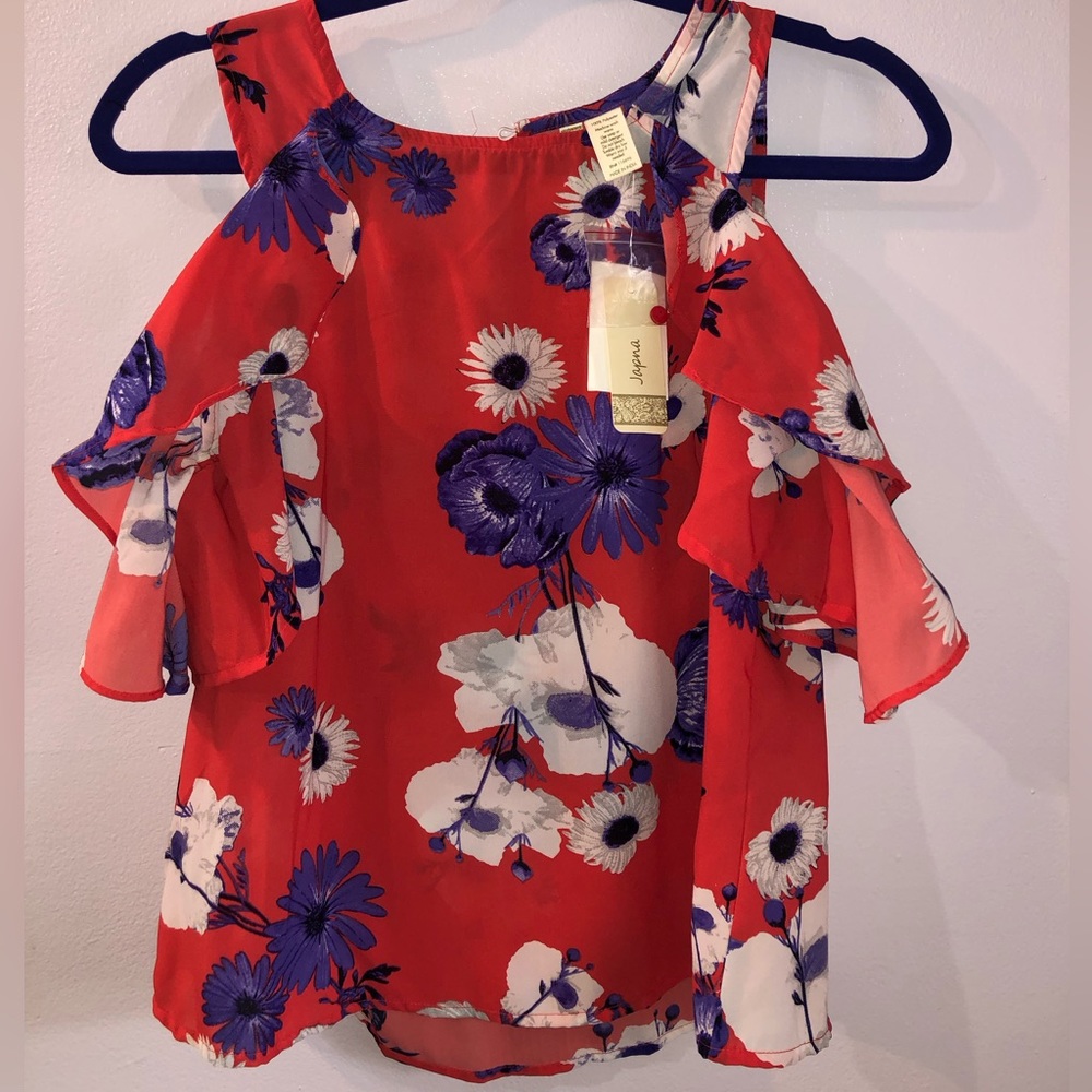 Japna Coral & Purple Floral Cold Shoulder Blouse